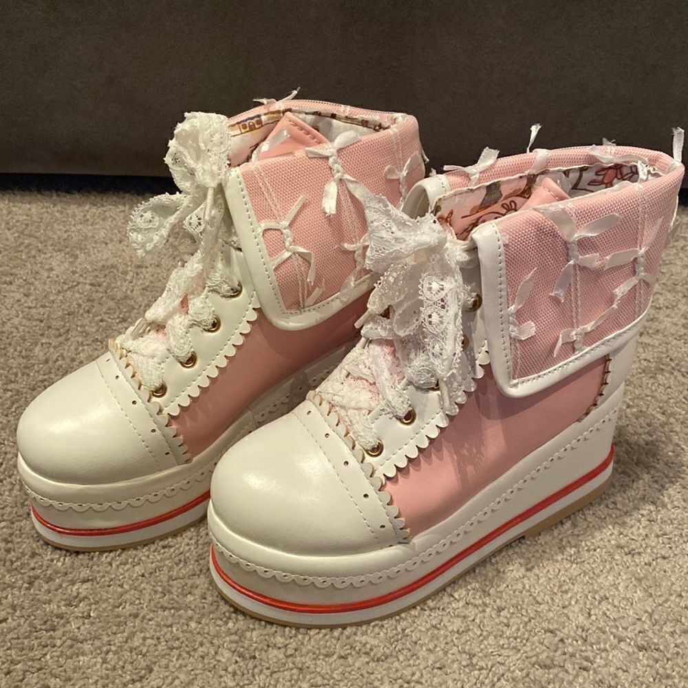 Kid’s Girls Platform Wedge Boots Pink & White Size EU 30 (12.5 US) NEW